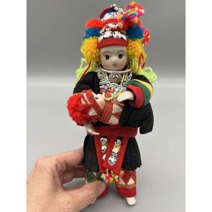 Hmong Hill Tribe Porcelain Doll with Baby Northern Thailand Collectible 13” EUC